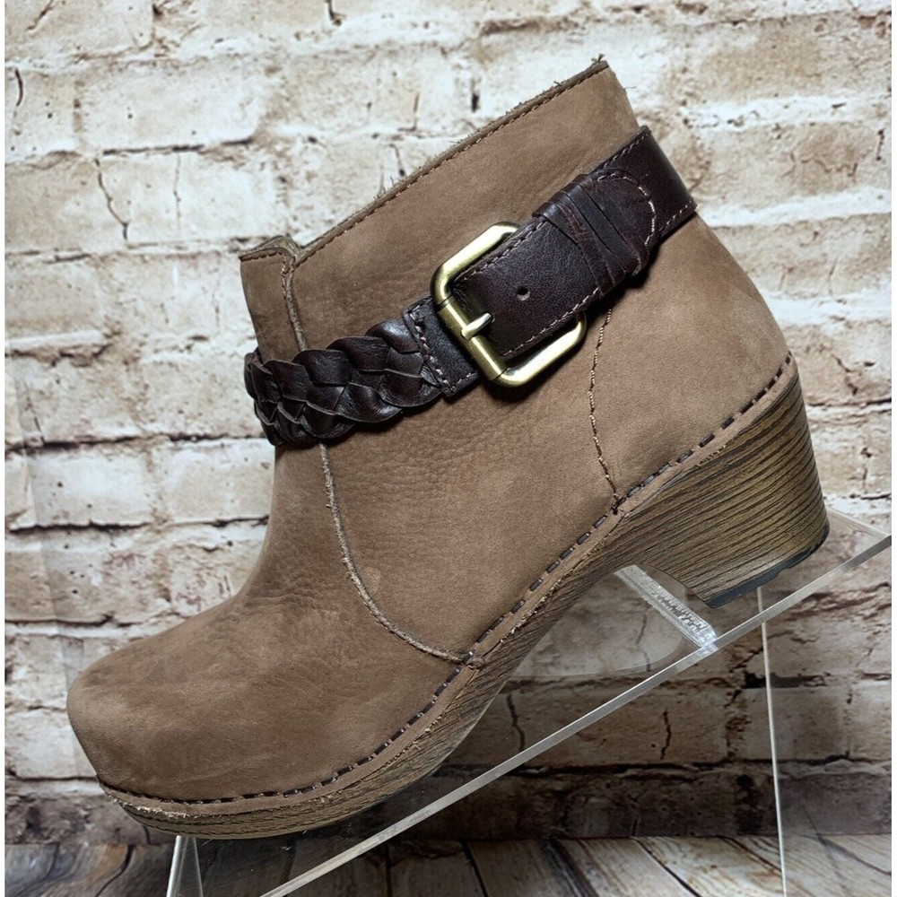 Dansko Michelle Nubuck Leather Ankle Boot EUR 37 US 6.5 - 7 Brown Braided Buckle